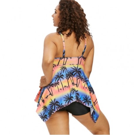 Plus Size Palm Tree Handkerchief Tankini Set (MULTI)