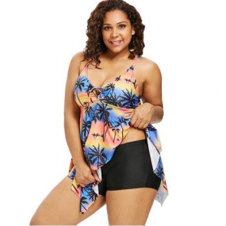 Plus Size Palm Tree Handkerchief Tankini Set (MULTI)