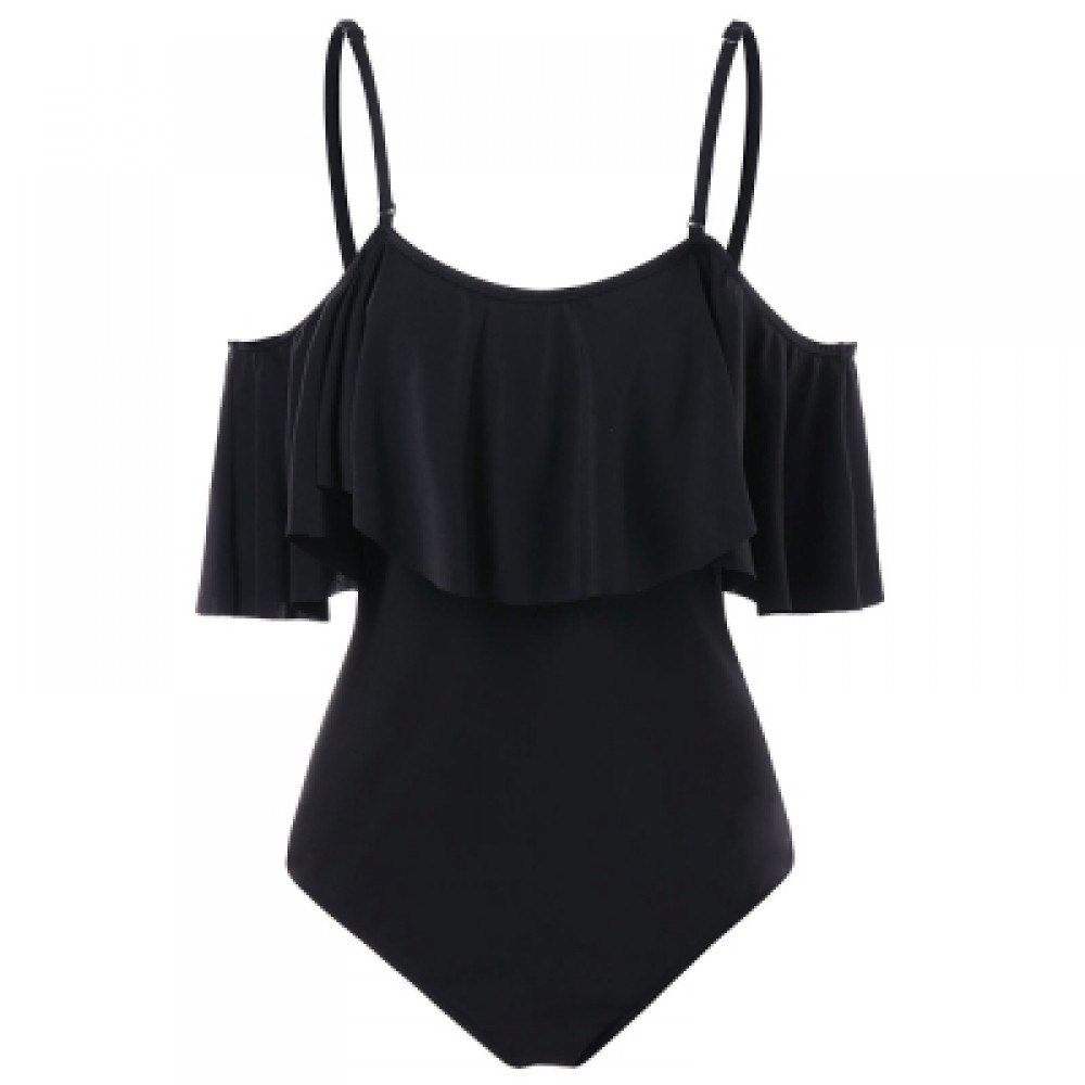 Spaghetti Strap Flounce Cold Shoulder One Piece Swimwear (BLACK)