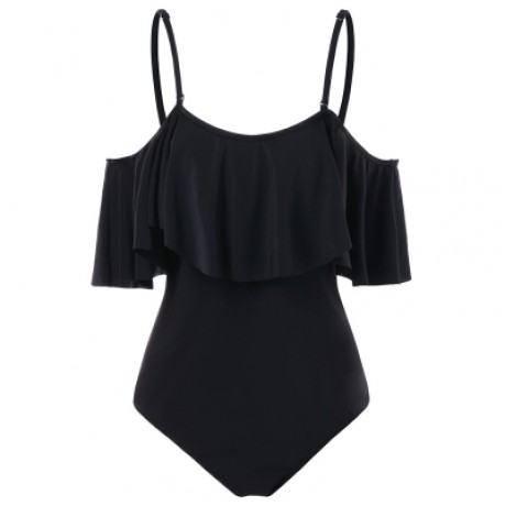Spaghetti Strap Flounce Cold Shoulder One Piece Swimwear (BLACK)
