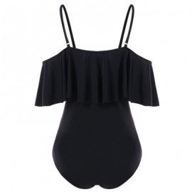 Spaghetti Strap Flounce Cold Shoulder One Piece Swimwear (BLACK)