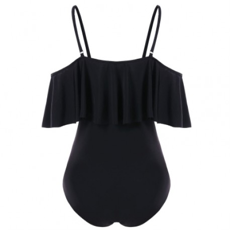 Spaghetti Strap Flounce Cold Shoulder One Piece Swimwear (BLACK)