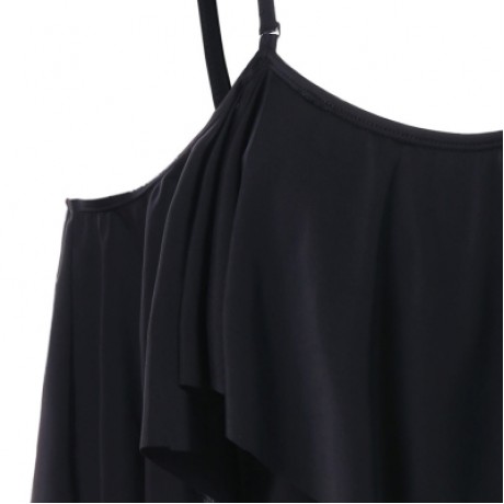 Spaghetti Strap Flounce Cold Shoulder One Piece Swimwear (BLACK)