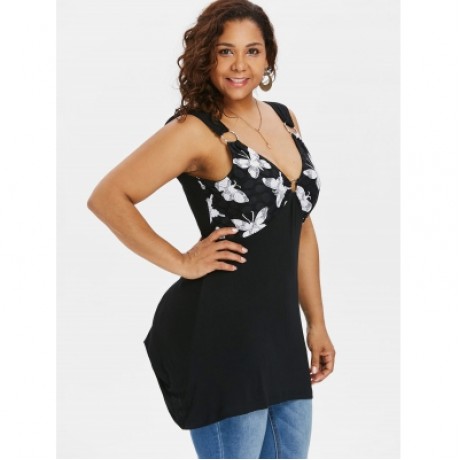Plus Size Butterfly Pattern Deep V Neck Tank Top (BLACK)