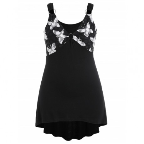Plus Size Butterfly Pattern Deep V Neck Tank Top (BLACK)