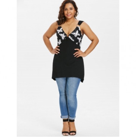 Plus Size Butterfly Pattern Deep V Neck Tank Top (BLACK)