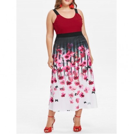 Plus Size Floral Tea Length Dress (LAVA RED)