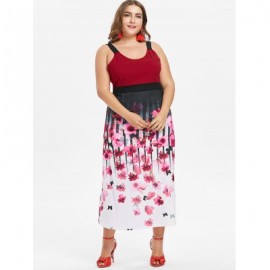 Plus Size Floral Tea Length Dress (LAVA RED)