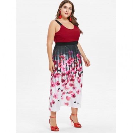 Plus Size Floral Tea Length Dress (LAVA RED)