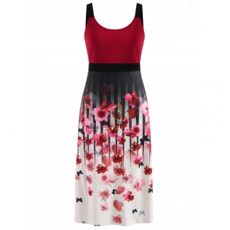 Plus Size Floral Tea Length Dress (LAVA RED)