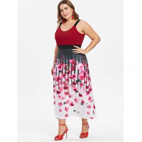 Plus Size Floral Tea Length Dress (LAVA RED)