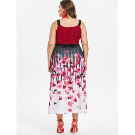 Plus Size Floral Tea Length Dress (LAVA RED)