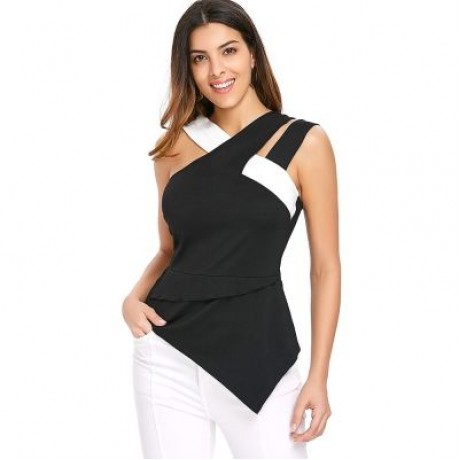 Back Zip Asymmetrical Flare Tank Top (BLACK)