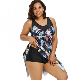 Leaf Print Plus Size Asymmetric Tankini Set (BLACK)
