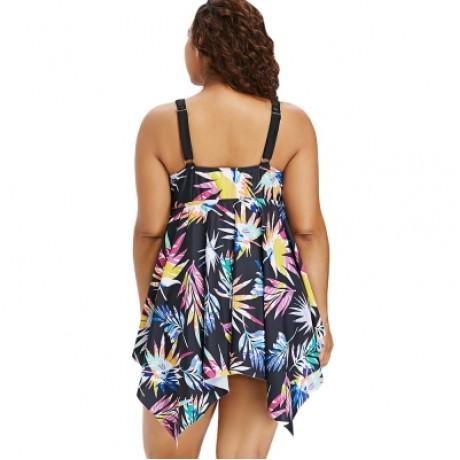 Leaf Print Plus Size Asymmetric Tankini Set (BLACK)