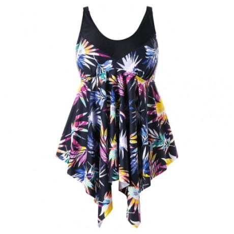 Leaf Print Plus Size Asymmetric Tankini Set (BLACK)