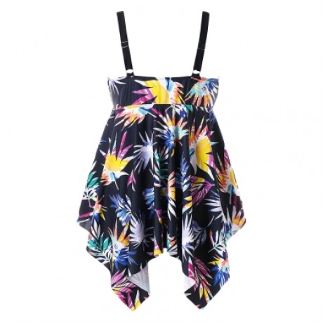 Leaf Print Plus Size Asymmetric Tankini Set (BLACK)