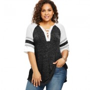 Plus Size Lace Up Side Slit Marled T-shirt (CARBON GRAY)