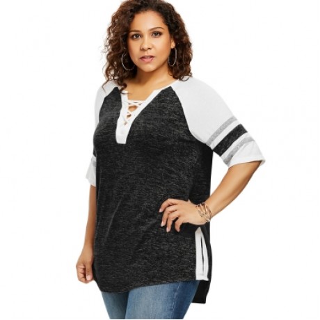 Plus Size Lace Up Side Slit Marled T-shirt (CARBON GRAY)