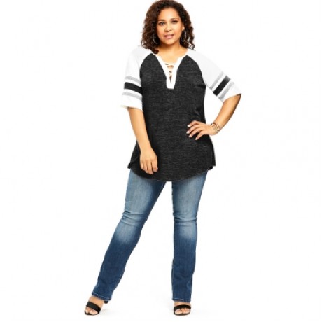 Plus Size Lace Up Side Slit Marled T-shirt (CARBON GRAY)