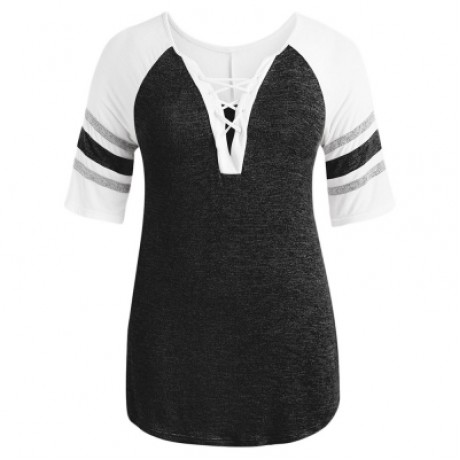 Plus Size Lace Up Side Slit Marled T-shirt (CARBON GRAY)