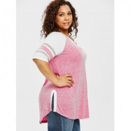 Plus Size Lace Up Side Slit Marled T-shirt (FLAMINGO PINK)