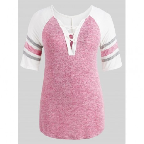 Plus Size Lace Up Side Slit Marled T-shirt (FLAMINGO PINK)
