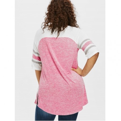 Plus Size Lace Up Side Slit Marled T-shirt (FLAMINGO PINK)