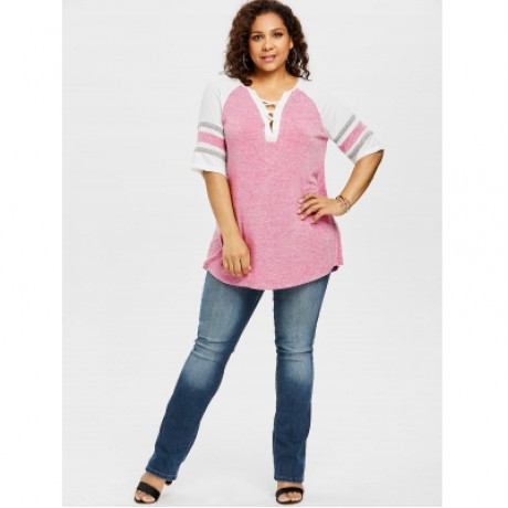 Plus Size Lace Up Side Slit Marled T-shirt (FLAMINGO PINK)