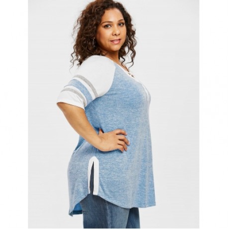 Plus Size Lace Up Side Slit Marled T-shirt (LIGHT BLUE)