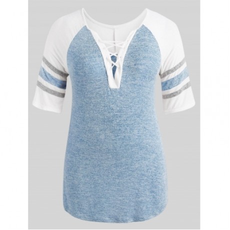 Plus Size Lace Up Side Slit Marled T-shirt (LIGHT BLUE)