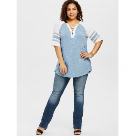 Plus Size Lace Up Side Slit Marled T-shirt (LIGHT BLUE)