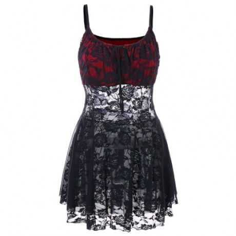 Plus Size Two Tone Sheer Lace Babydoll Dress (BLACK)