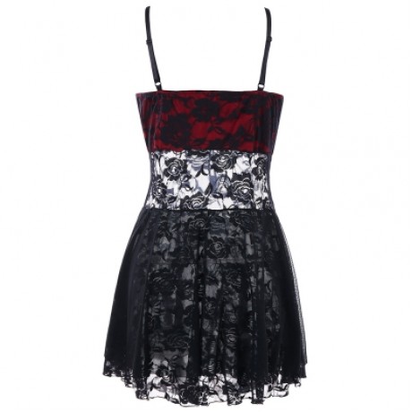Plus Size Two Tone Sheer Lace Babydoll Dress (BLACK)