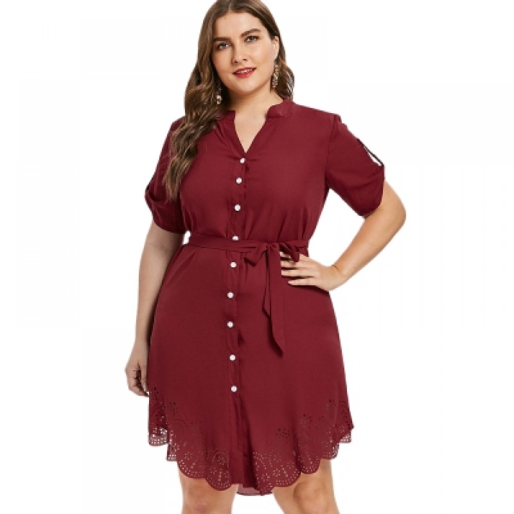 Plus Size Eyelet Belted Dress (RED WINE)