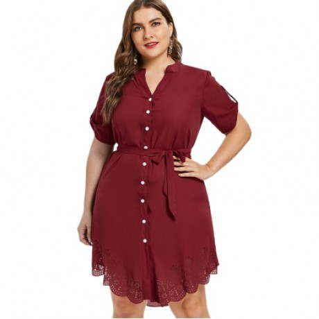 Plus Size Eyelet Belted Dress (RED WINE)