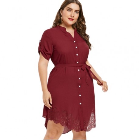 Plus Size Eyelet Belted Dress (RED WINE)