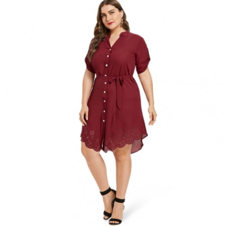 Plus Size Eyelet Belted Dress (RED WINE)