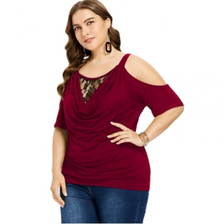 Plus Size Cowl Neck Blouson T-shirt (RED WINE)