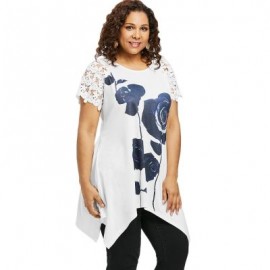 Plus Size Flower Pattern Lace Sleeve T-shirt (WHITE)
