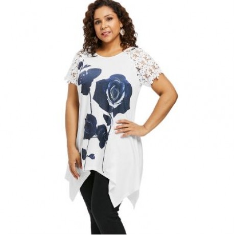 Plus Size Flower Pattern Lace Sleeve T-shirt (WHITE)