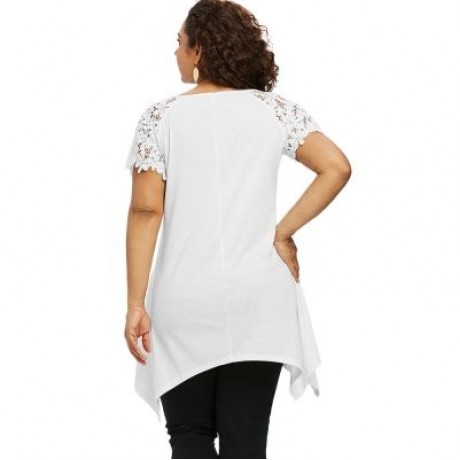 Plus Size Flower Pattern Lace Sleeve T-shirt (WHITE)