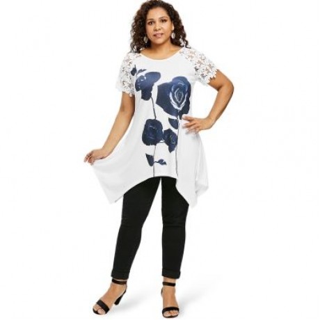 Plus Size Flower Pattern Lace Sleeve T-shirt (WHITE)