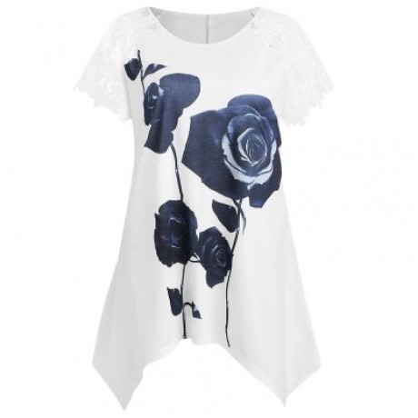 Plus Size Flower Pattern Lace Sleeve T-shirt (WHITE)