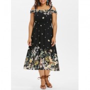 Plus Size Ruffle Trim Floral Dress (BLACK)