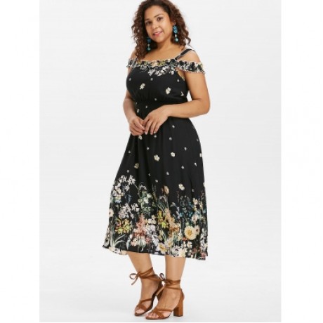 Plus Size Ruffle Trim Floral Dress (BLACK)