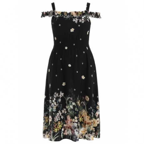 Plus Size Ruffle Trim Floral Dress (BLACK)