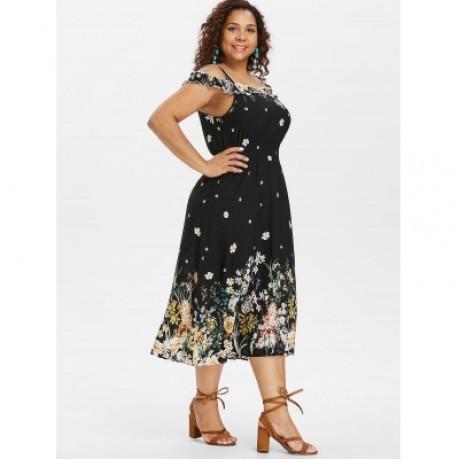Plus Size Ruffle Trim Floral Dress (BLACK)