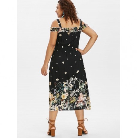 Plus Size Ruffle Trim Floral Dress (BLACK)