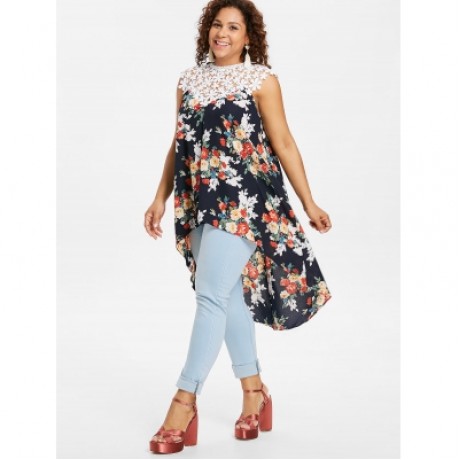 Plus Size Floral Flowy Tank Top (CADETBLUE)